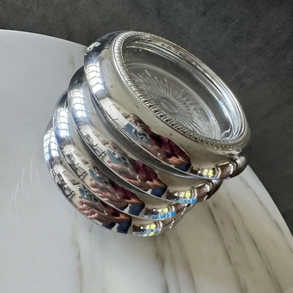 4 Vintage Leonard Old Crystal Glass Drink Coasters Made In Italy Silver Plated